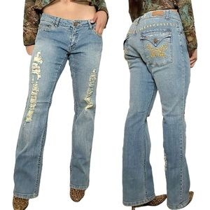 Y2k Cappuccino Low Rise Distressed Butterfly Flap Pocket Bootcut Jeans